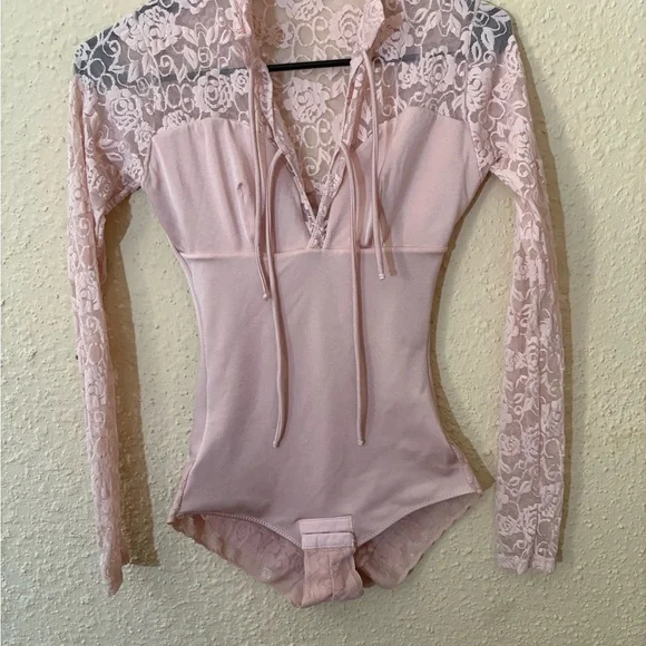 Pink Lace Long Sleeve Bodysuit with Tie Front - Picture 2 of 5